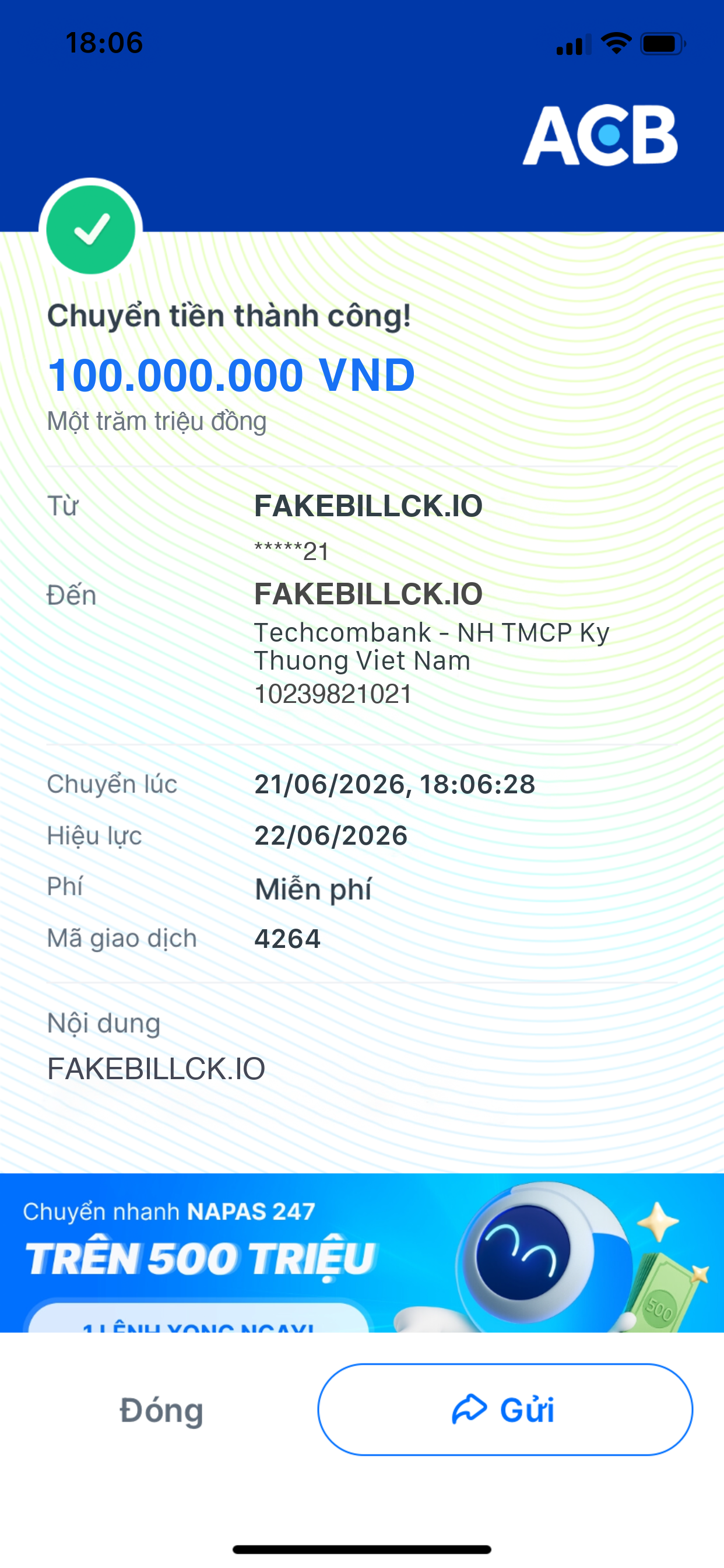 Fake bill ACB mẫu chuyển khoản ACB ONE giống thật