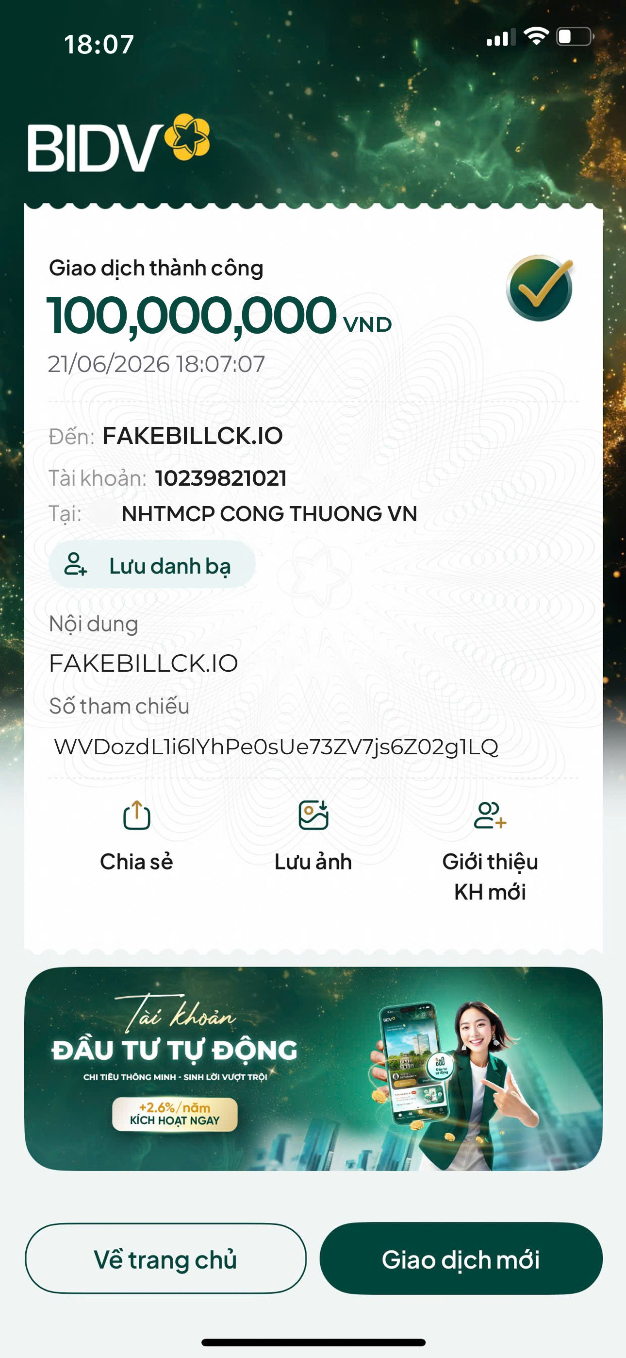 Fake bill BIDV SmartBanking mẫu chuyển khoản giống thật