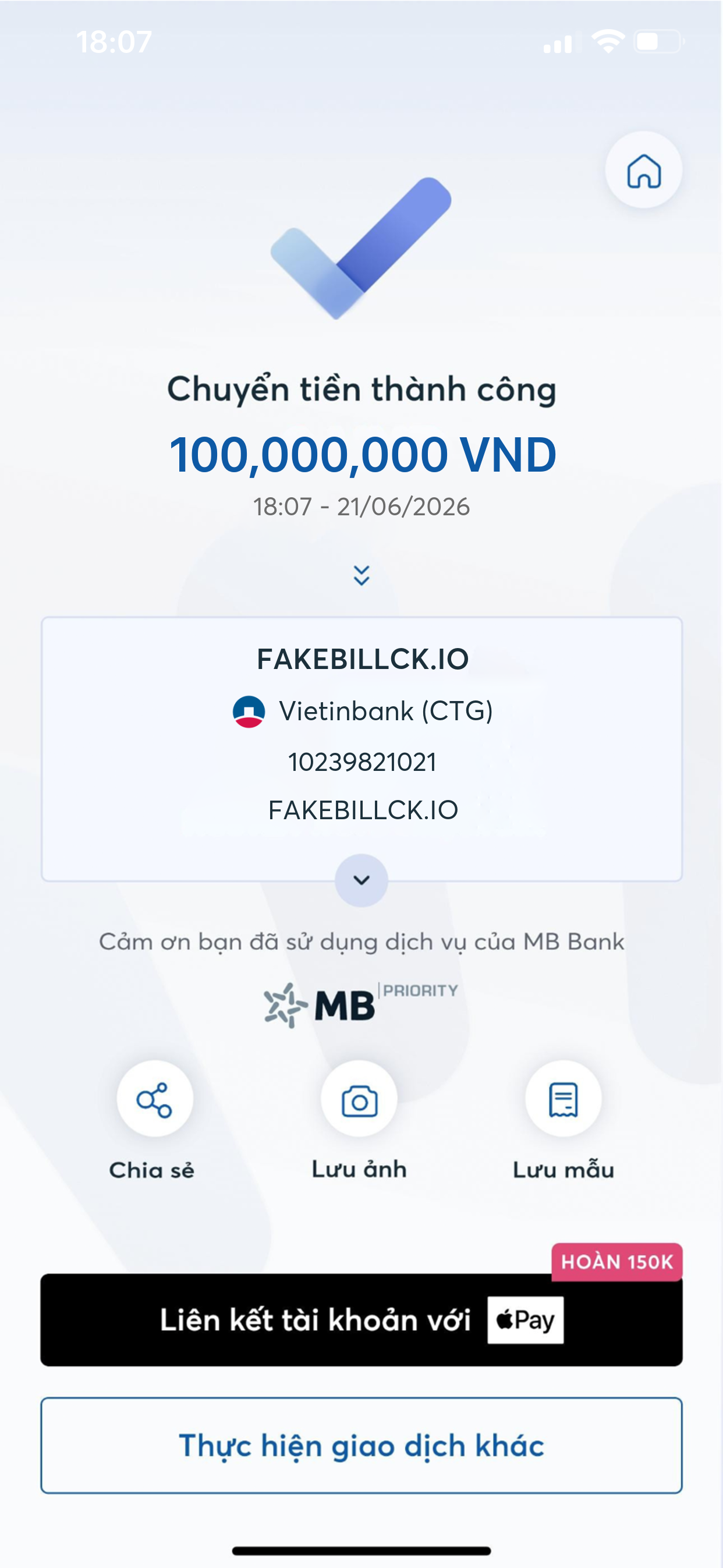 Fake bill MB Bank mẫu chuyển khoản MBBank giống thật