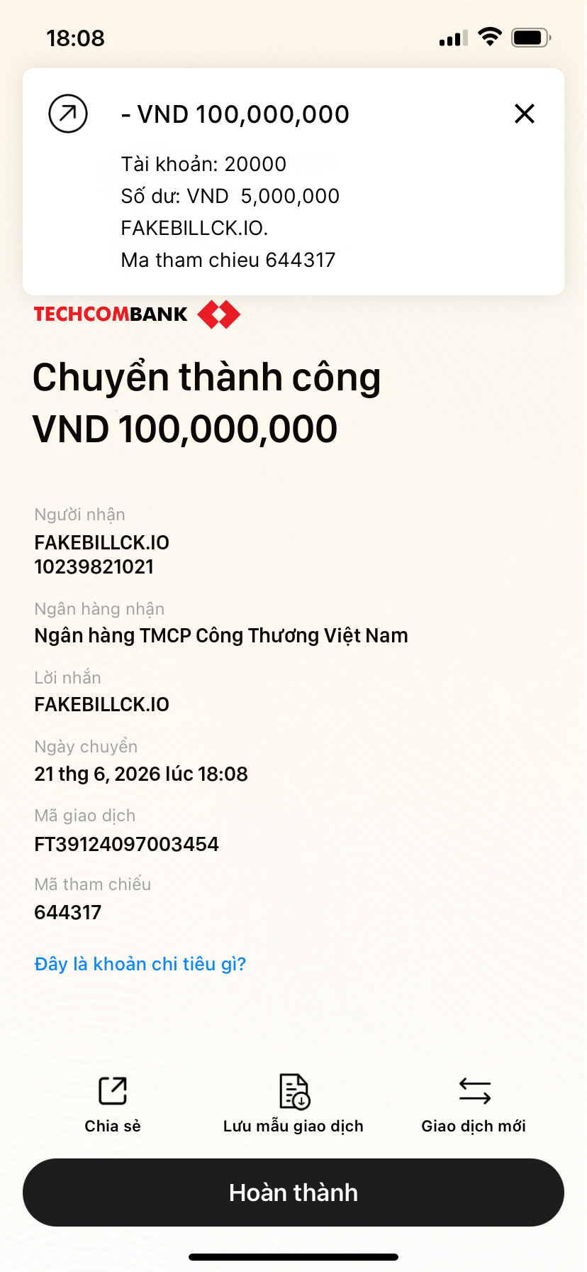 Fake bill Techcombank mẫu chuyển khoản TCB giống thật