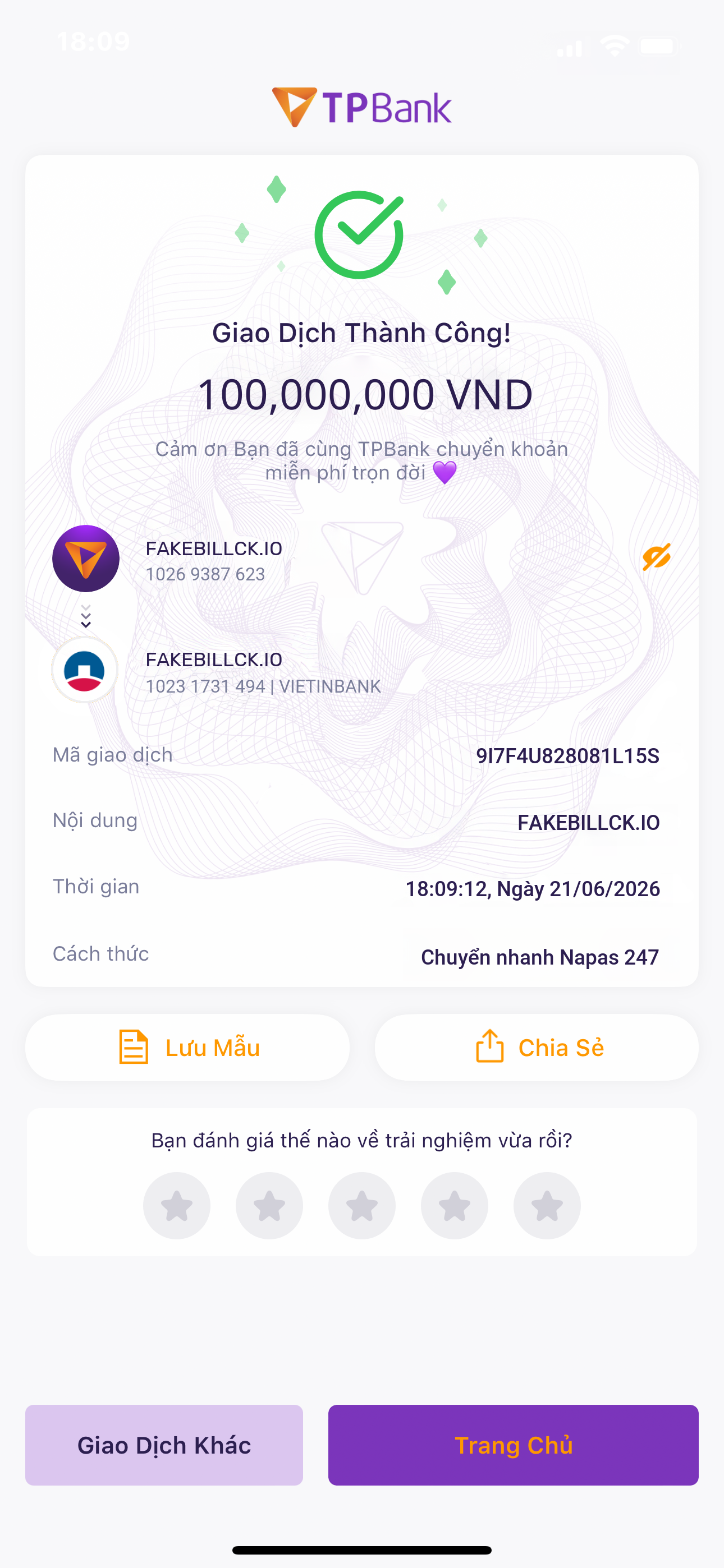 Fake bill TPBank mẫu chuyển khoản TPBank Mobile giống thật
