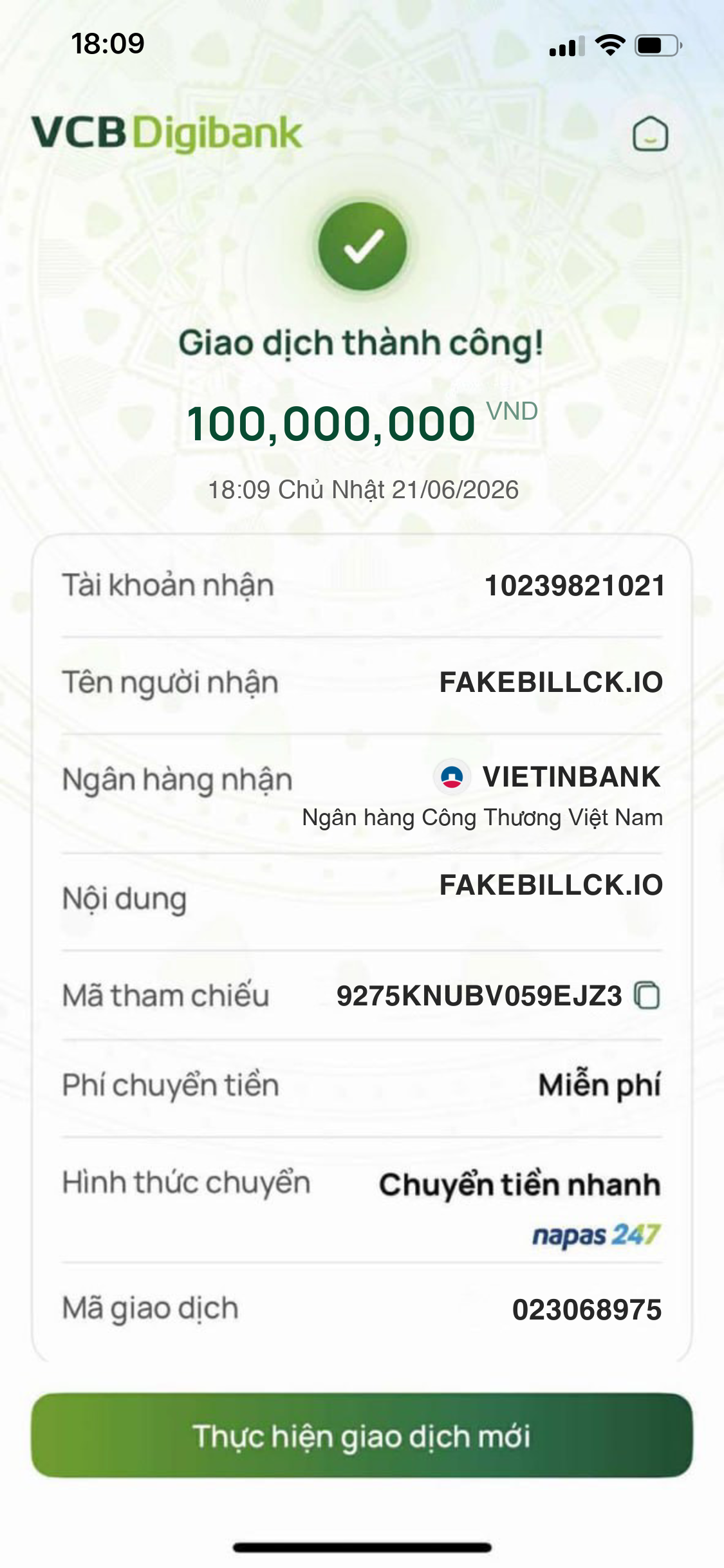 Fake bill Vietcombank VCB Digibank mẫu chuyển khoản giống thật 2025
