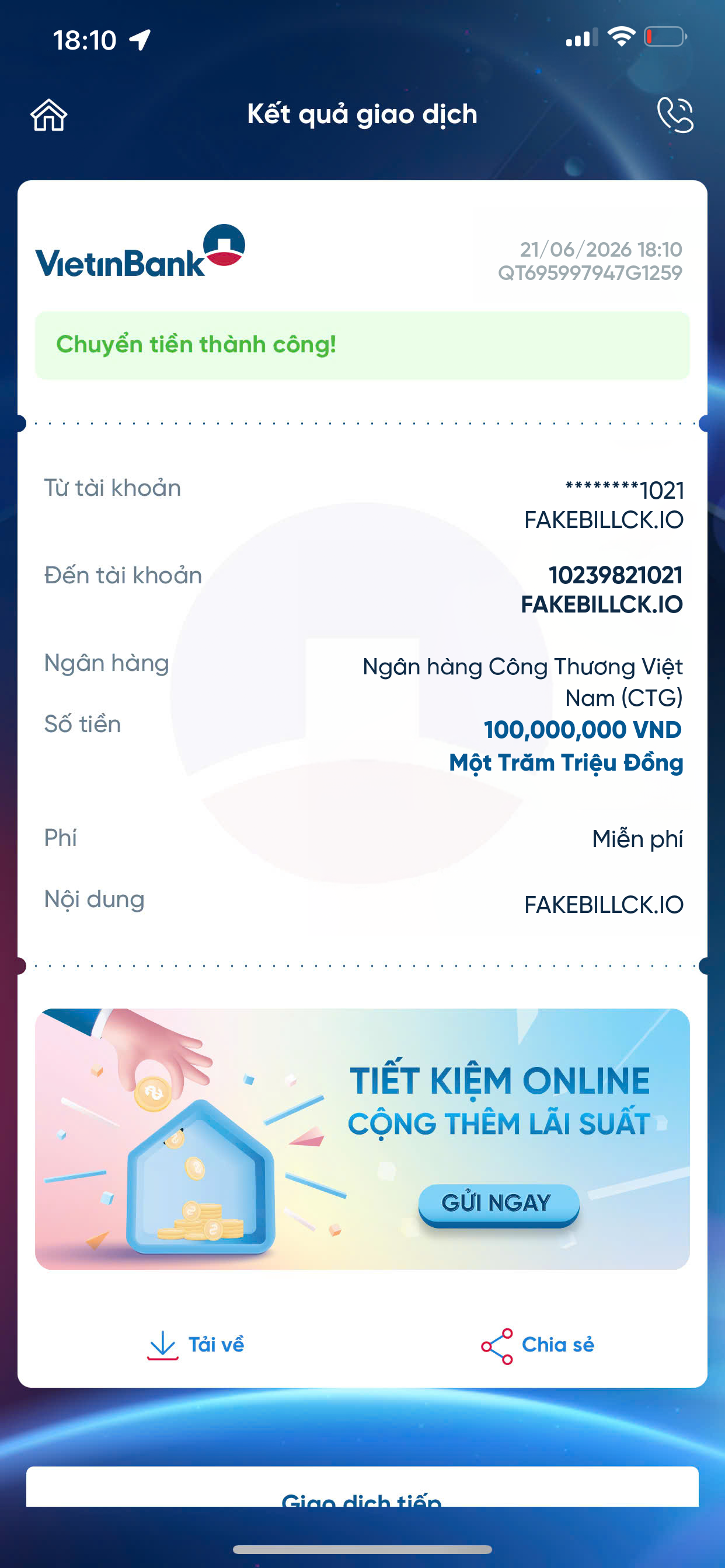 Fake bill VietinBank iPay mẫu chuyển khoản giống thật